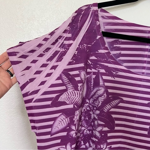 2/$30 Lane Bryant Purple Striped Floral Beaded Cold Shoulder Short Sleeve Top - Picture 2 of 11